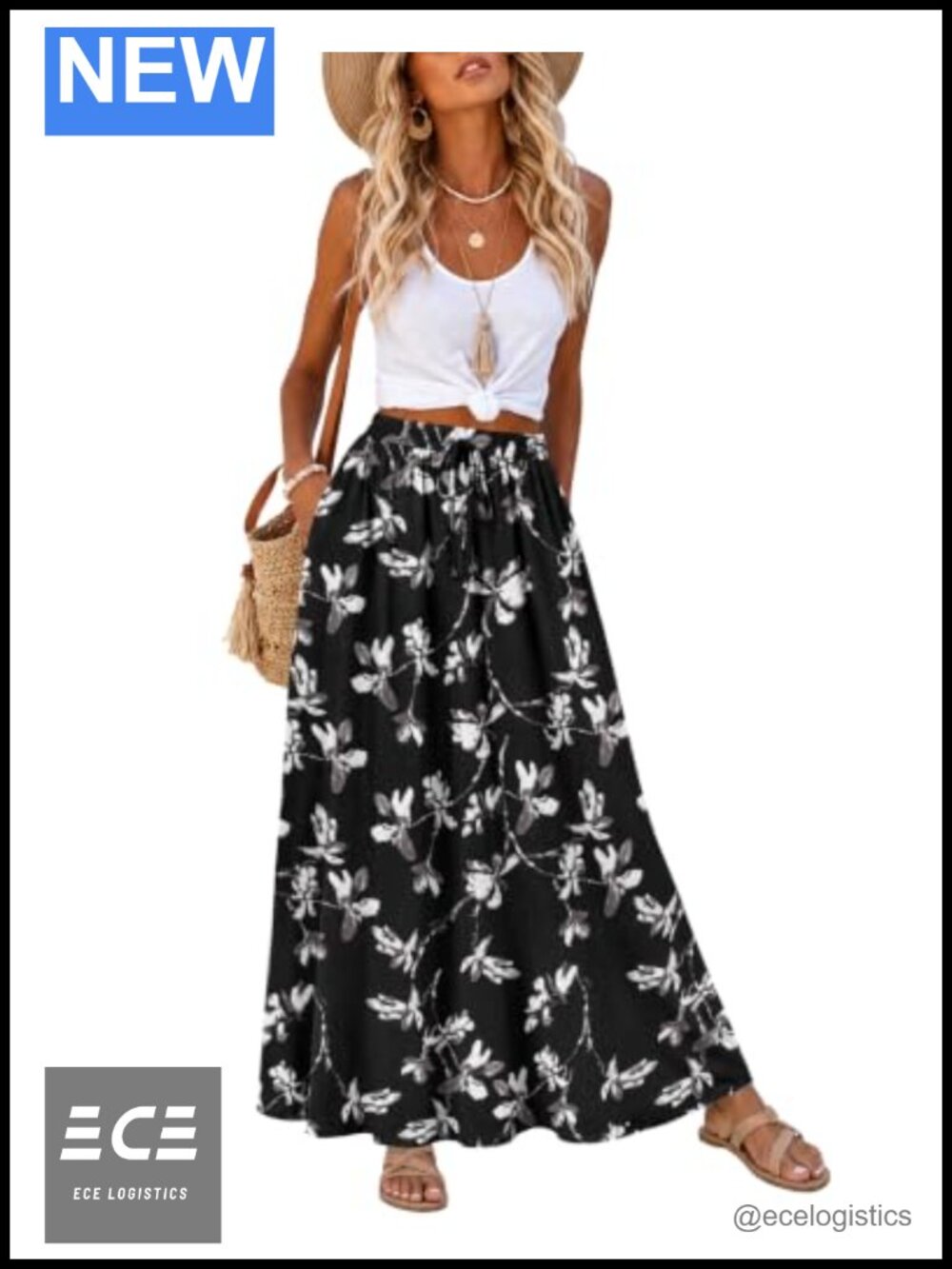 Women's Flowy A-Line Maxi Skirt Elastic High Waist Pockets Lightweight